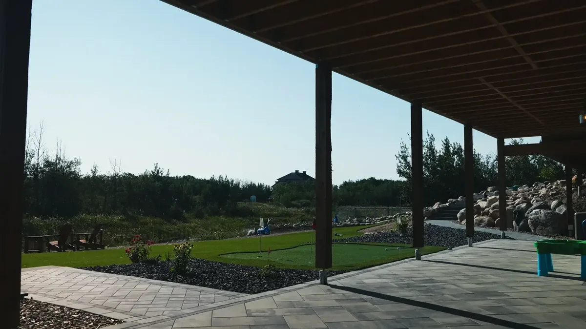 Under-deck view of completed PVC deck Applewood Estates Saskatoon