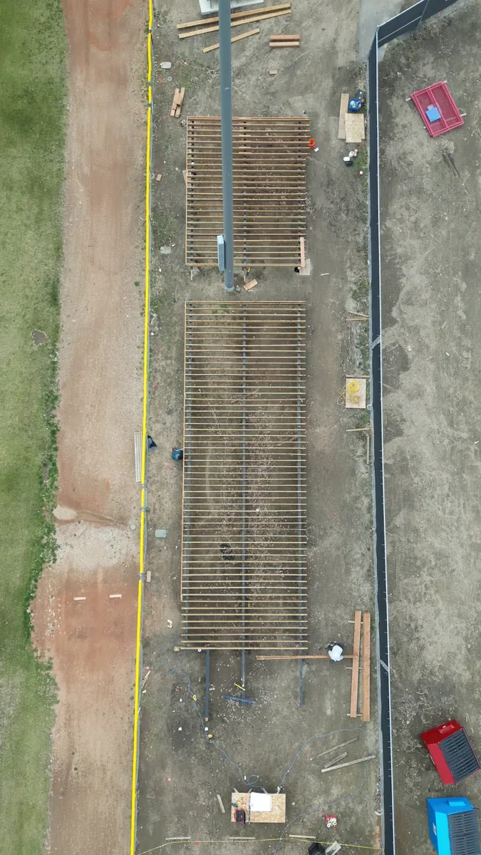 Aerial view both commercial deck frames Cairns Field Saskatoon